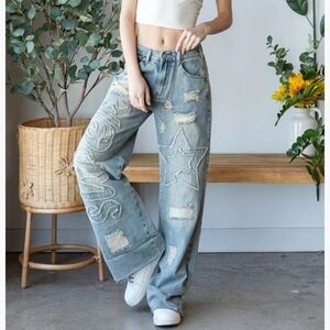 Oli & Hali Super Star Boho Flare Jeans XL Distressed Patch Raw Hem Elastic Waist